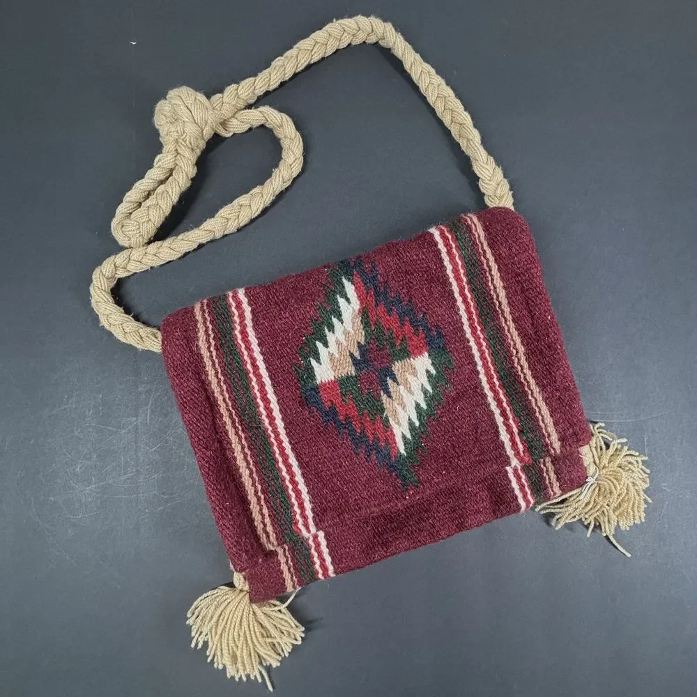 Aztec Wool Blanket Tapestry Crossbody Messenger Bag Purse Boho Festival Rope EUC